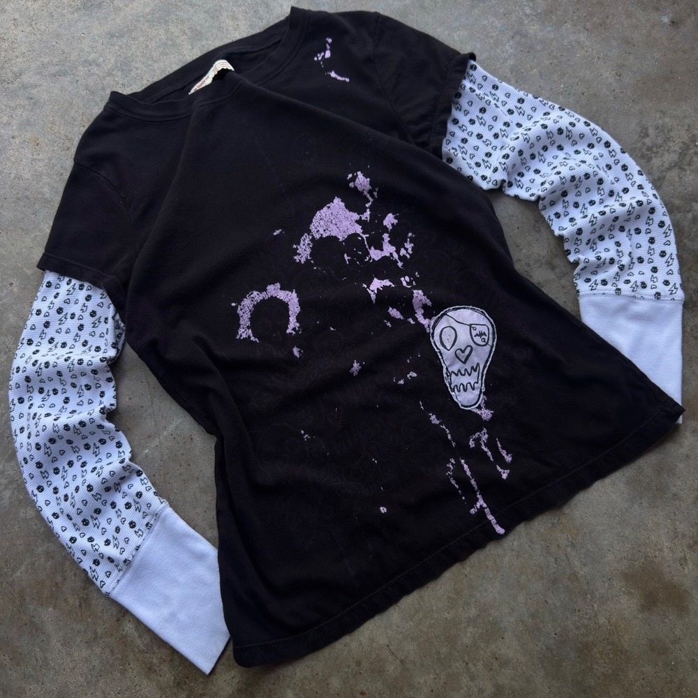 Vintage Y2K No Boundaries Skull Graphic Layered Shirt Grunge Black L (f7)